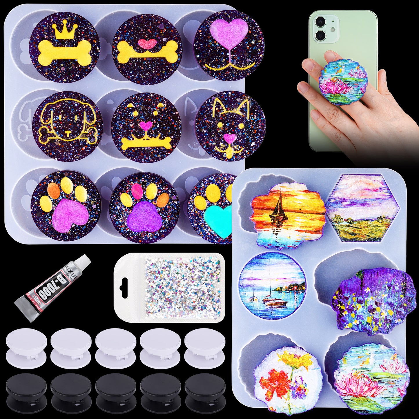 Phone Grip Holder Epoxy Resin Casting Silicone Mold Kit, 9 Round Animal Patter