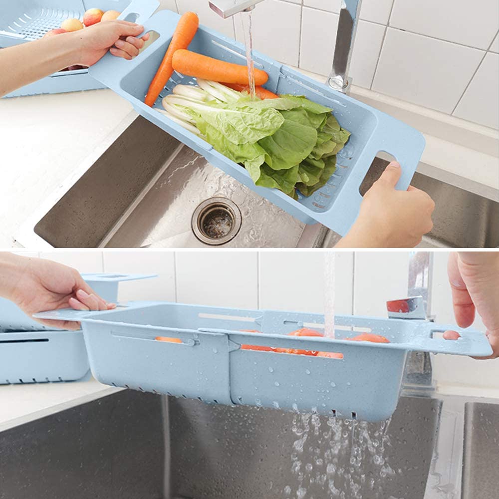 Sink Colander 3PC Multifunctional Extendable Over Sink Dish Drying Rack Strainer