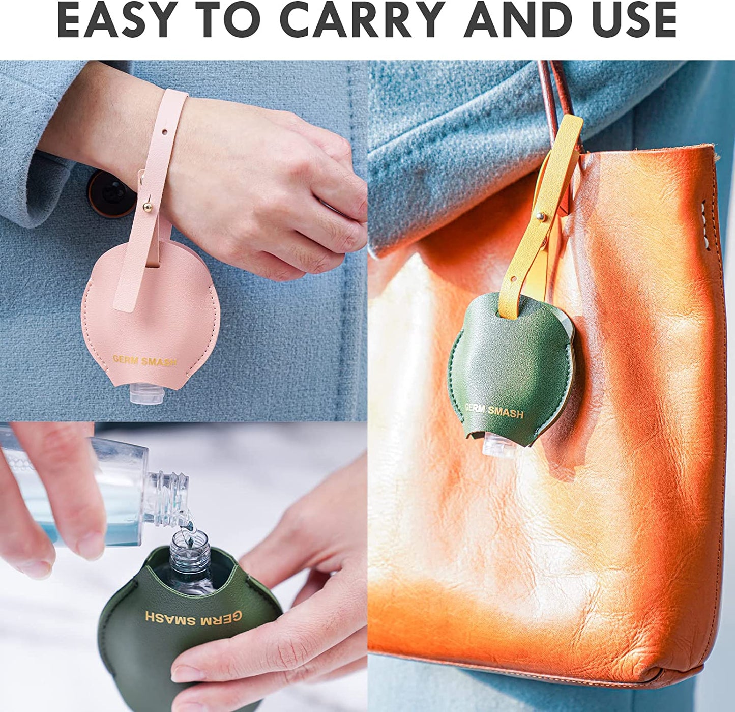 2-Pack PU Leather Hand Cleaner Holders with 48ml Bottles Adjustable Strap