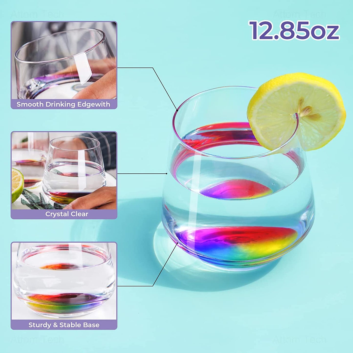 Stemless Wine Glass Rainbow Colored Wine Glasses 6PCS Wine Tumbler Glasses 12oz