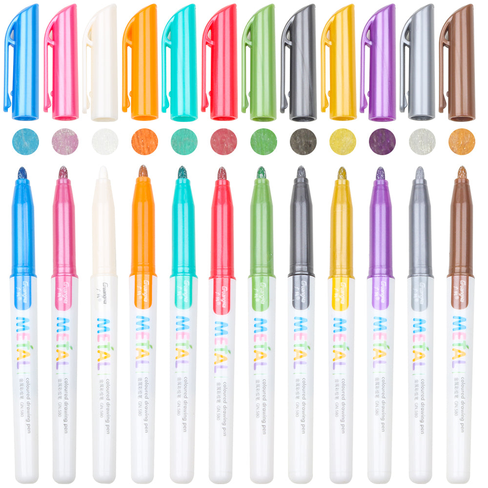 Metallic Marker Pens 12 Assorted Color 2mm Fine Tip, Sheen Glitter Painting Pen