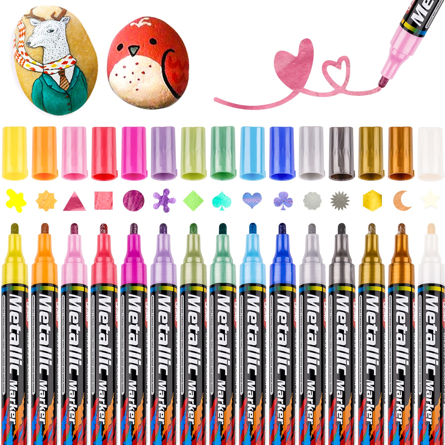 15 Color Assorted Metallic Marker Pens, 3mm Tip Sheen Glitter Painting Pen