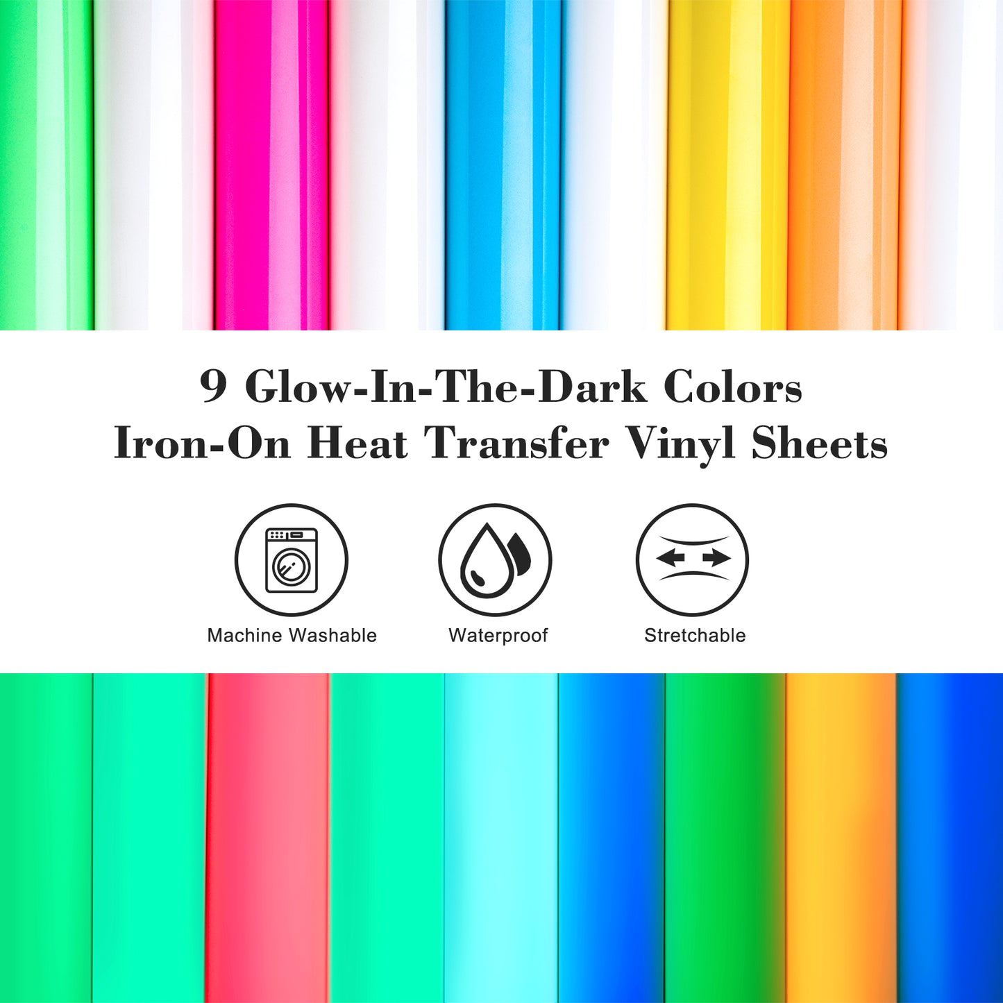 Heat Transfer Vinyl PU HTV Iron-On 9PCS 9.8"X11.9" Sheets Glow-In-The-Dark Col