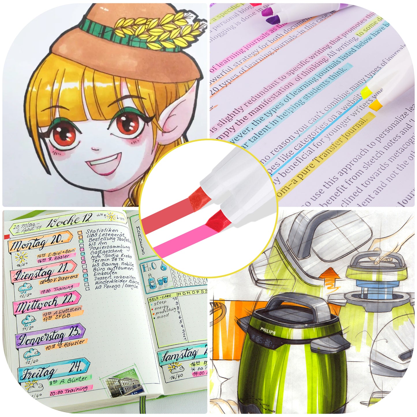 6-Pack Double Chisel Tip Dual Macaron Colors Highlighter Marker Pens, 2-In-1 F