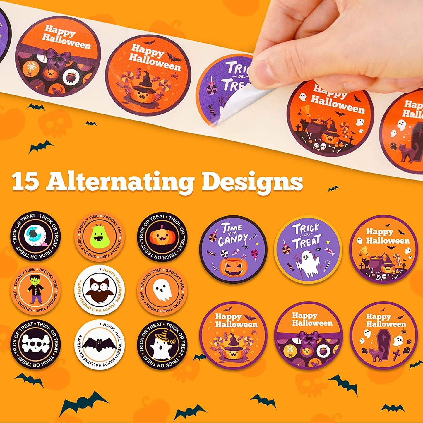 1000PCS Self-Adhesive Happy Halloween Stickers (Large 1.5"+Small 1") 15 Assorted