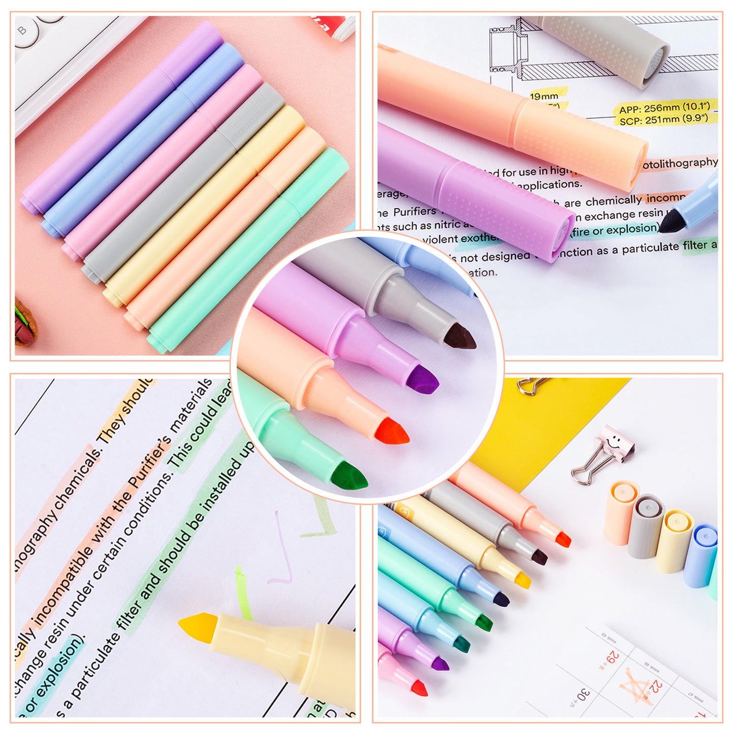 8-Pack Chisel Tip Pastel Highlighter Pen Set, Quick-Drying Water-Based Ink 1-4