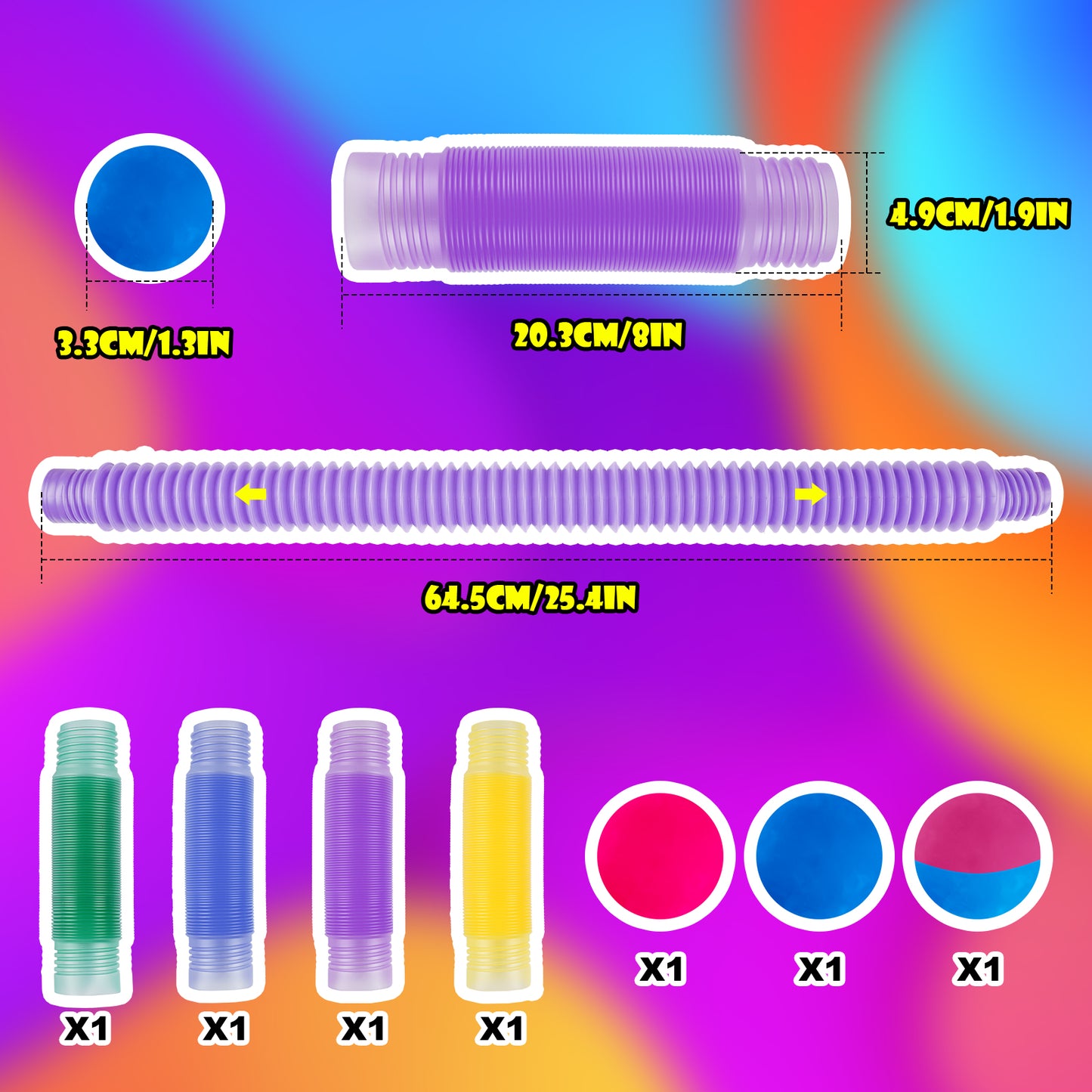 4PCS Stretch Pop Tubes and 3PCS LED Bouncy Balls Sensory Toys, Multi-Color