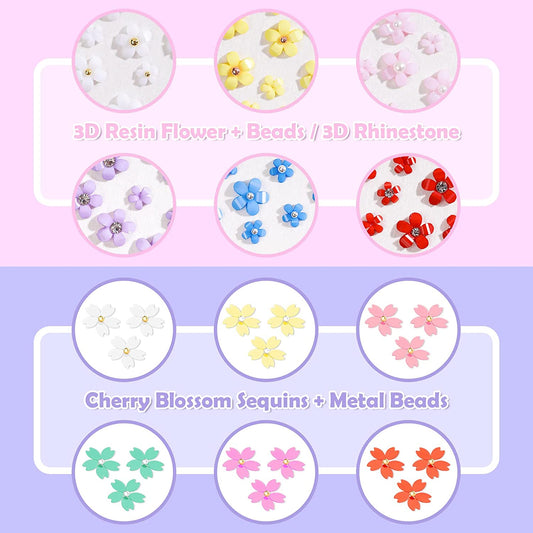 3D Flower Nail Charms Cherry Blossoms Sequins 2 Boxes Acrylic Floral Rhinestones