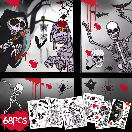 68PCS Skull Skeleton Halloween Window Cling Decal Sticker Set Home Office Gifts