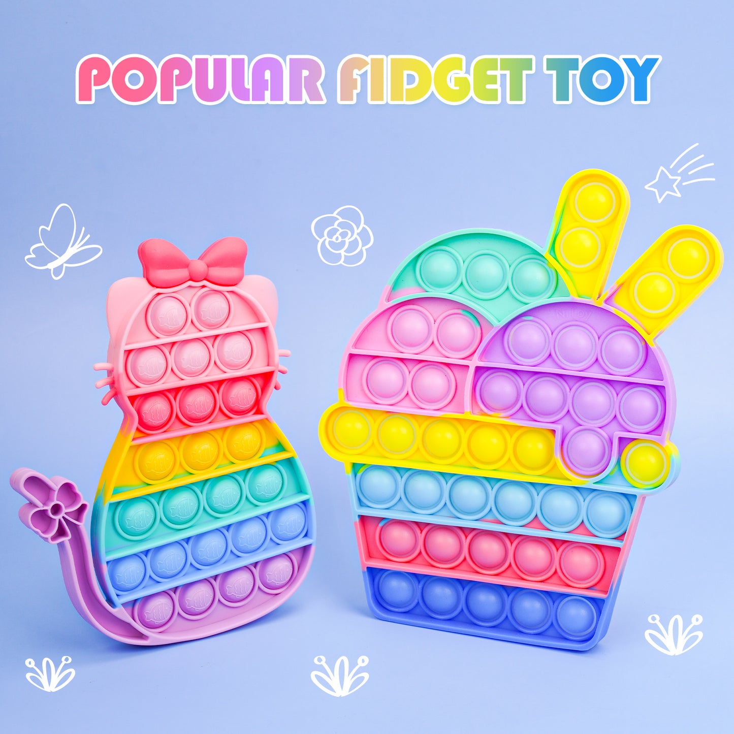 2PCS Bubble Fidget Toy - Ice Cream + Cat, Rainbow Colors