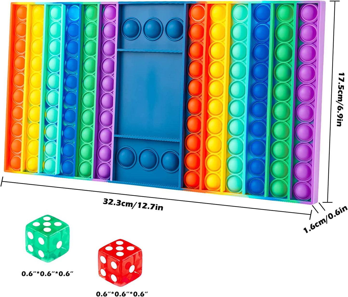 Silicone Push Pop Bubble Fidget Toy Rainbow Game Board 2 Dices Multicolor 12.7x7