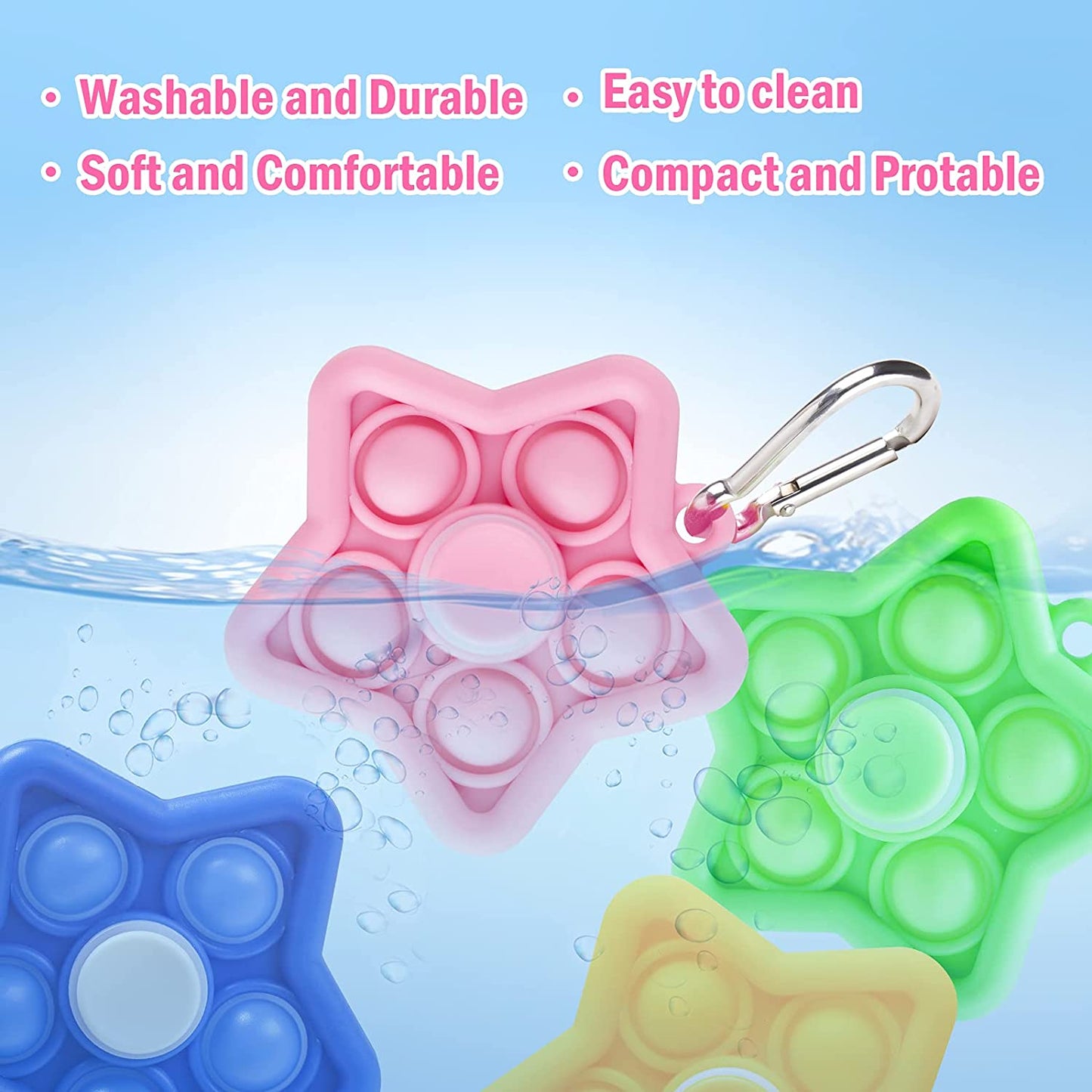 4-Pack 2-in-1 Mini Star Pop Fidget Spinner Keychain Set, Push Pop Bubble Fidge