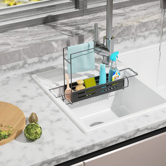 Adjustable Sink Storage Rack 2-In-1 Stainless Steel Sponge Caddy Organizer