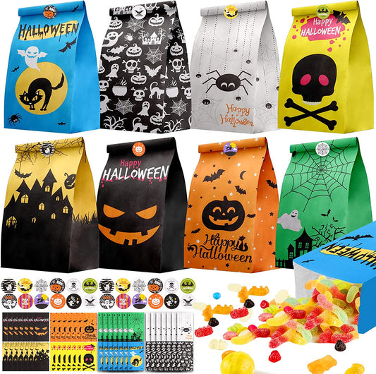 64PCS Halloween Treat Paper Bags 72PCS 1" Round Stickers Assorted Trick or Treat