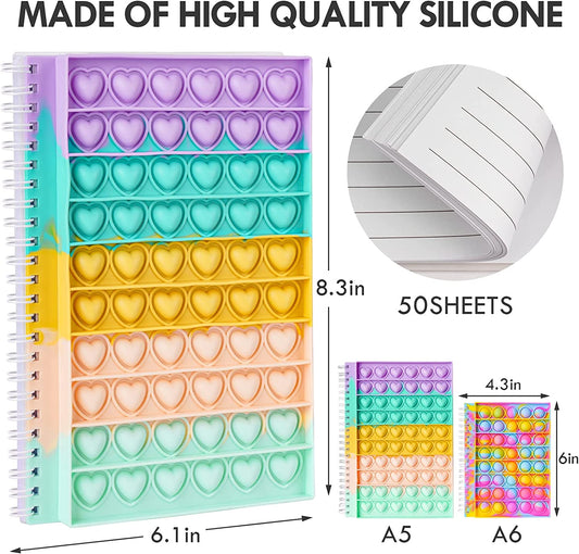 Fidget Spiral Notebook Heart Bubble Silicone Push Pop Cover A5 Journal 80 Sheets