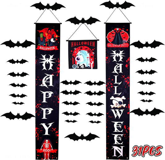 Happy Halloween 3PCS Hanging Banner Couplet 28PCS 3D Bat Wall Stickers Kit Decor