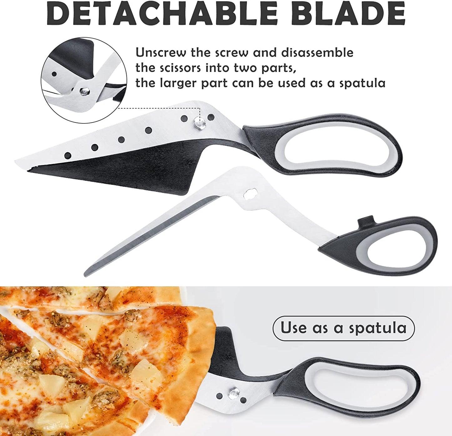 Pizza Scissors Cutter Builtin Spatula 2-In-1 Multiuse Detachable Stainless-Steel