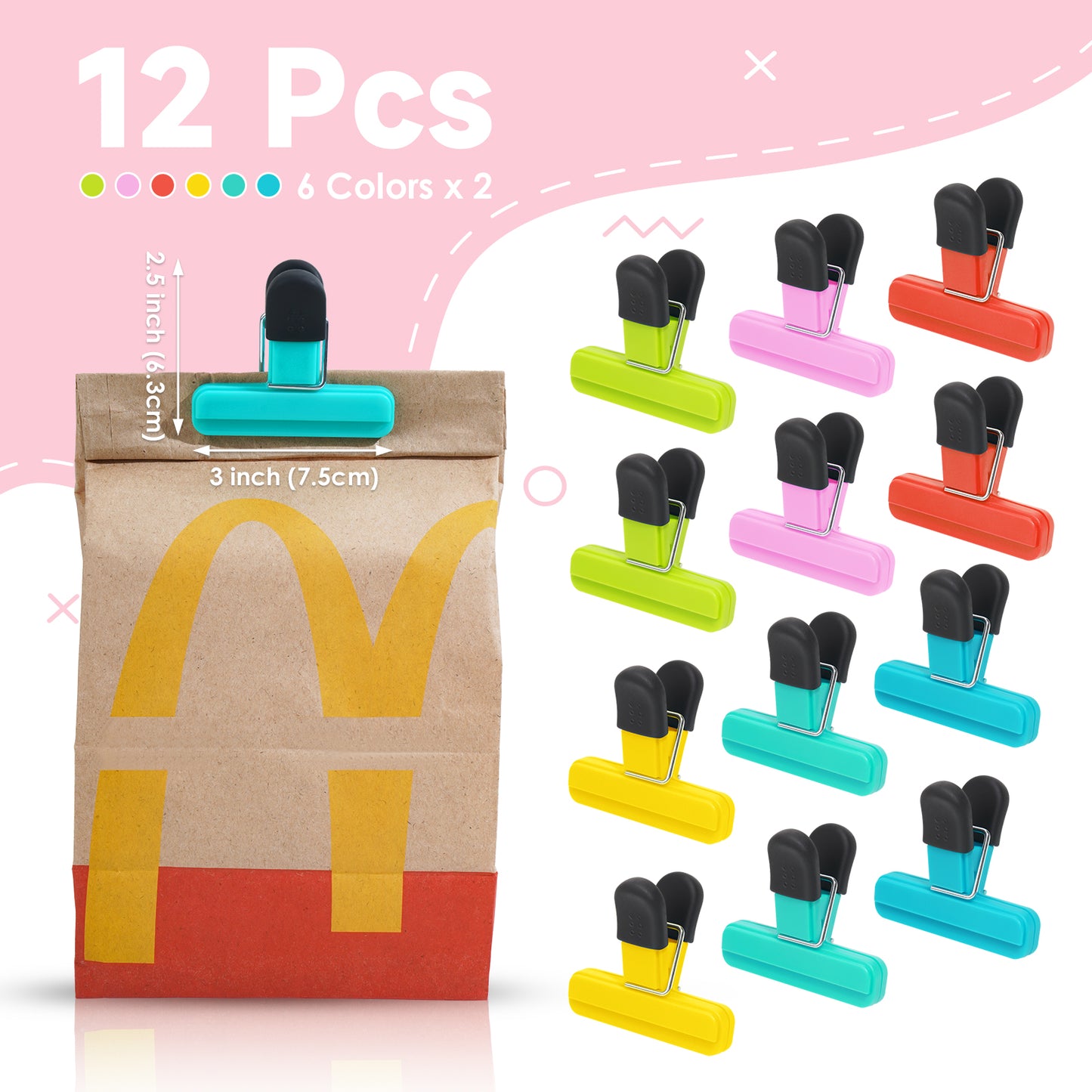 12-Pack Plastic Chip Bag Clips - Small, 6 Colors