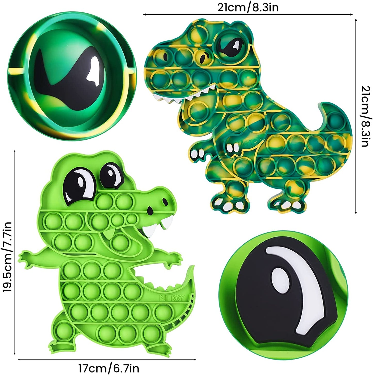 2-Pack Push Pop Bubble Fidget Sensory Toys, T-Rex Dinosaur and Crocodile