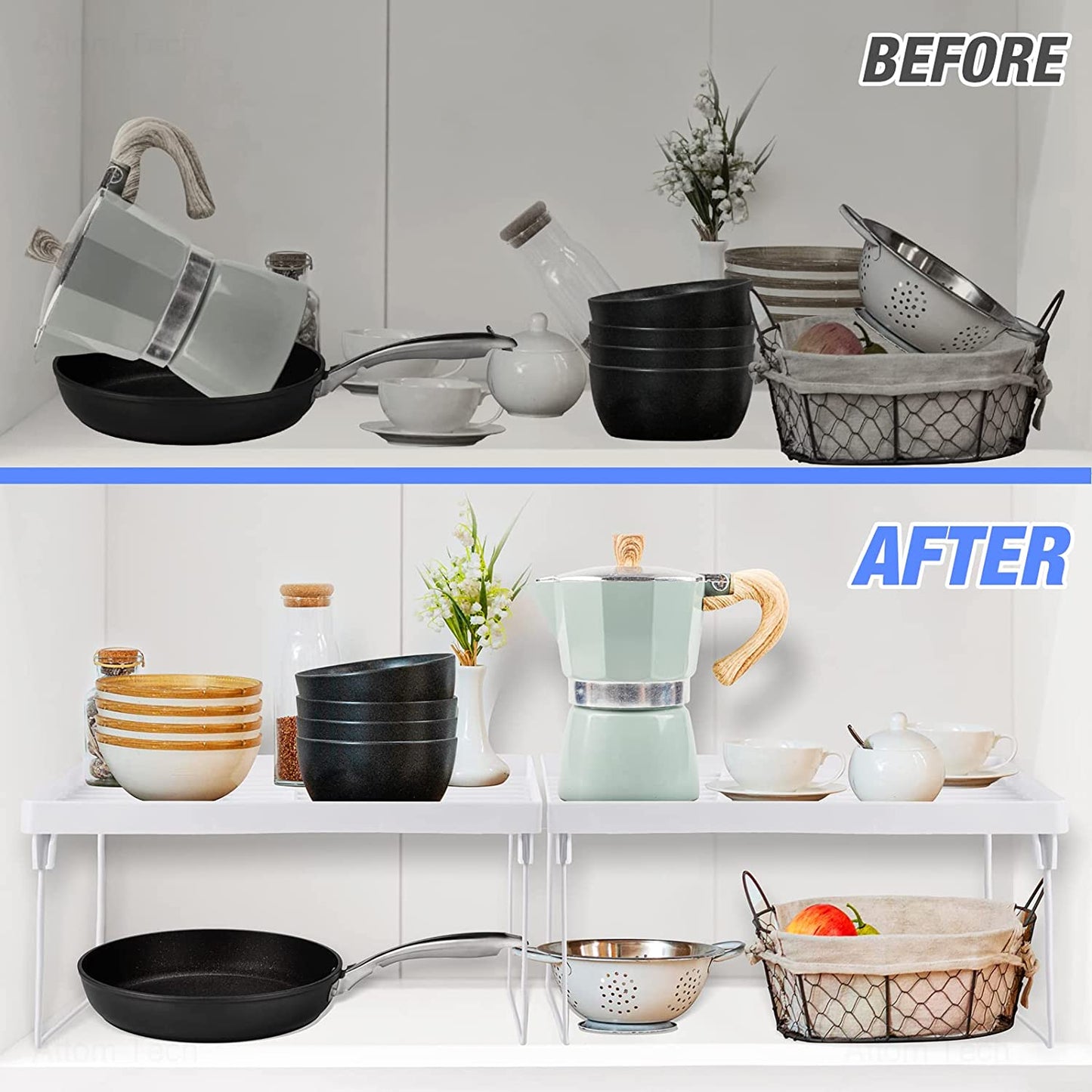 Stackable Plastic Kitchen Storage Shelf Foldable Rack 4-Pack Cabinet Organizer