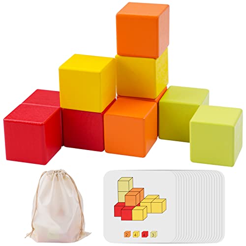 Wooden Cube Toy 16PCS Building Blocks 40 Pattern Cards Storage Pouch
