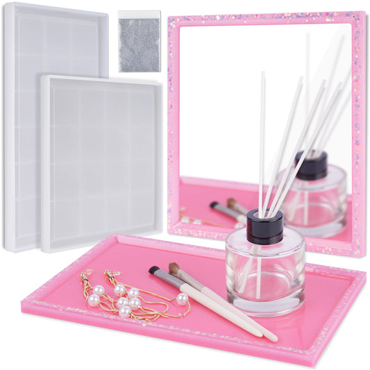 2PCS Large Rolling Trays Epoxy Resin Casting Silicone Mold Kit Rectangle+Square