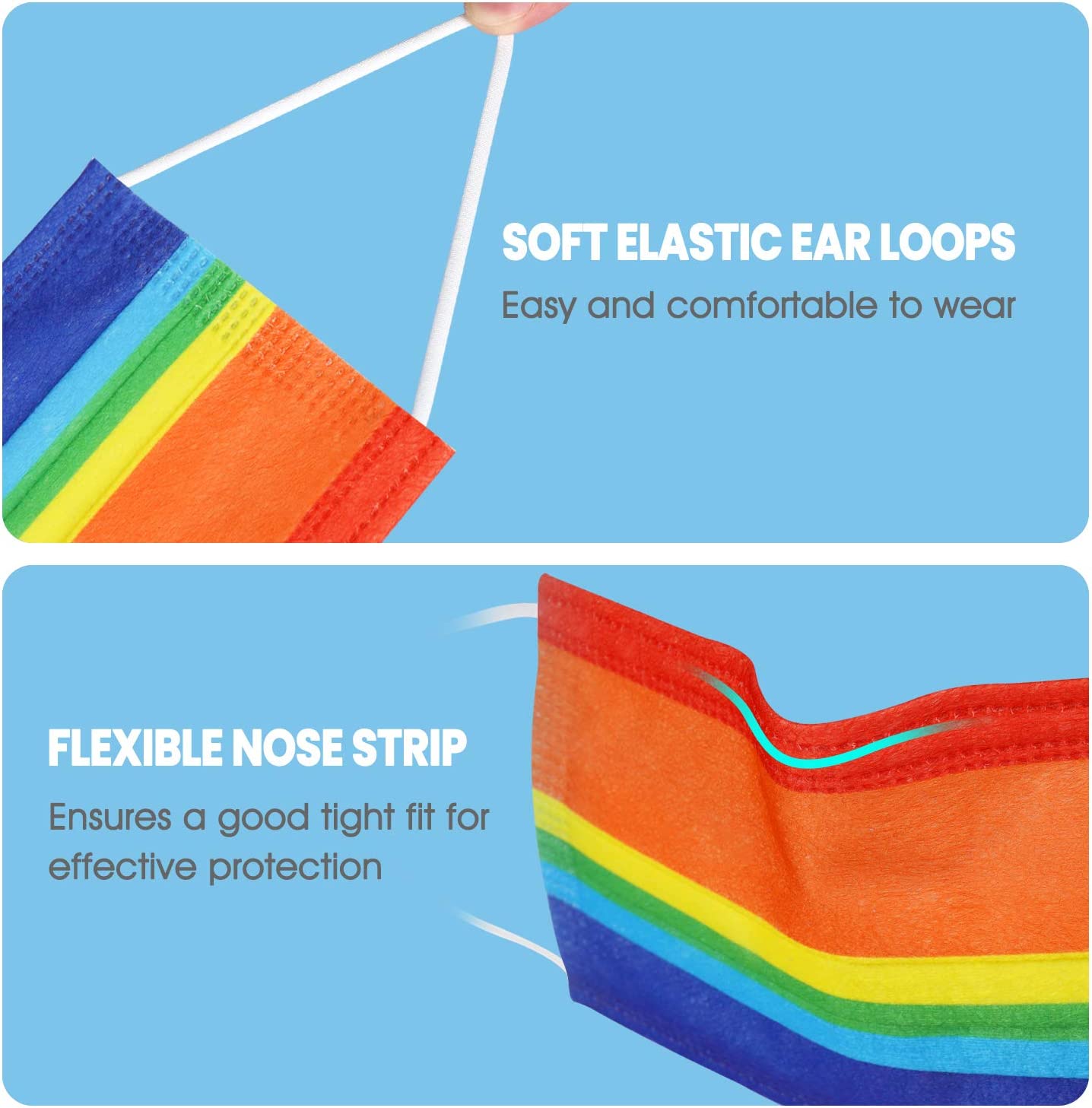 Kids' 50PCS Rainbow Colors Disposable 3-Layer Individually Packaged Unisex Soft