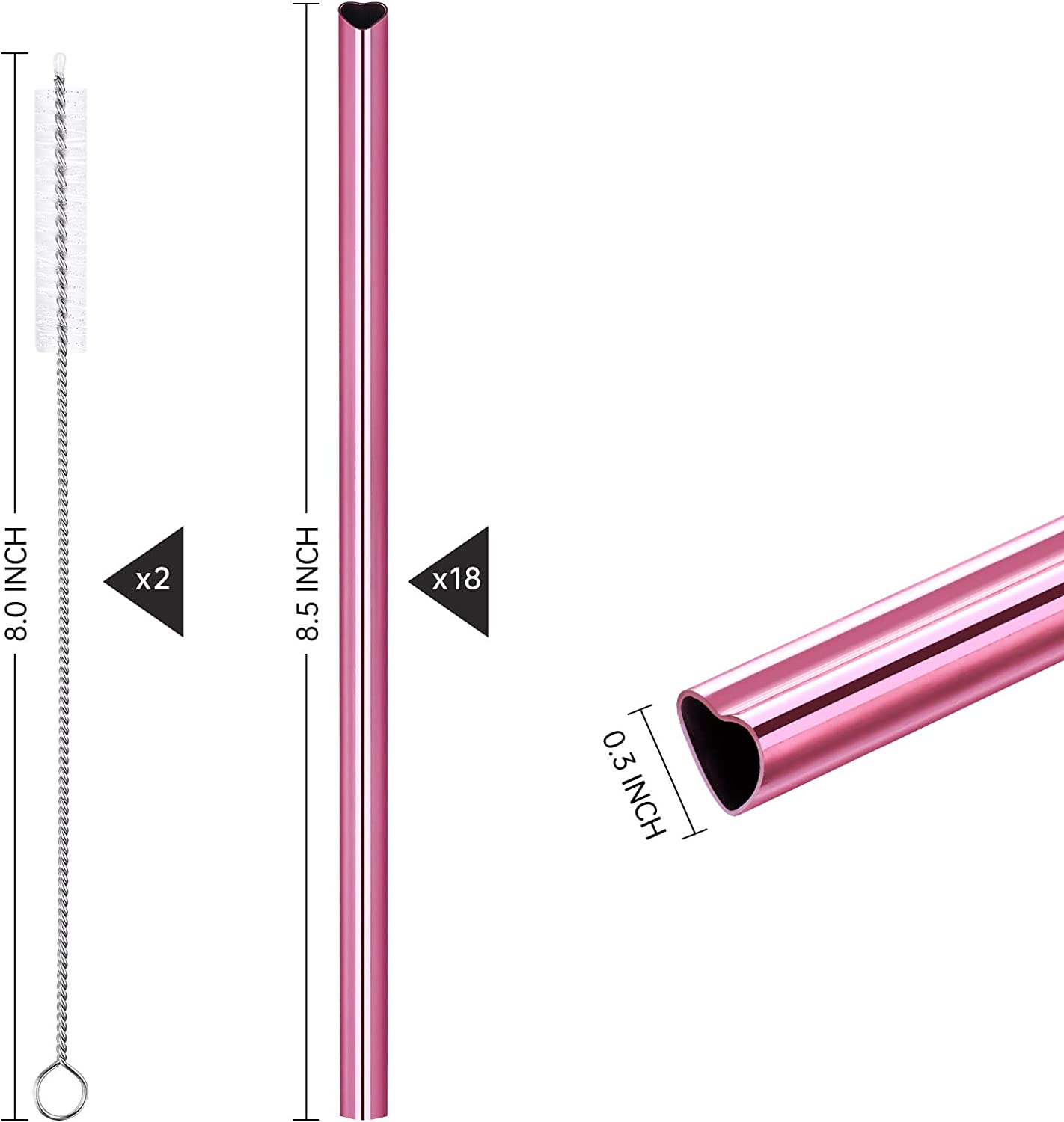 Heart Shape Straws 18 PCS 304 Food Grade Stainless Steel Reusable Straw Brushes
