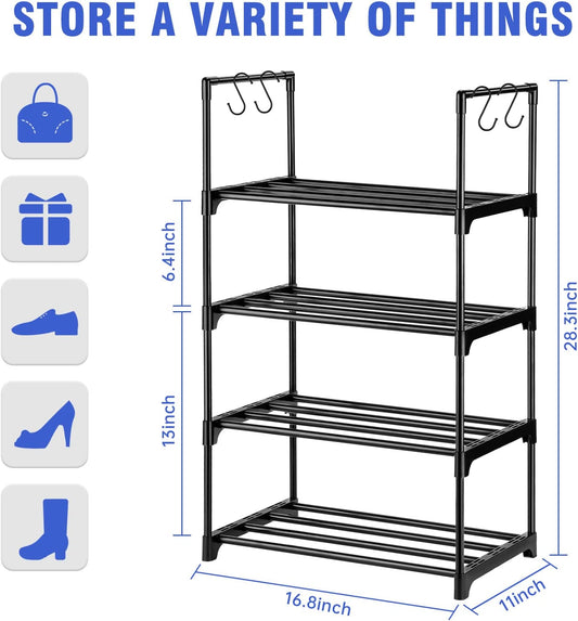 Shoe Rack 4-Tier Metal Storage Organizer Hooks Space Saving Hold 8 Pairs (Black)