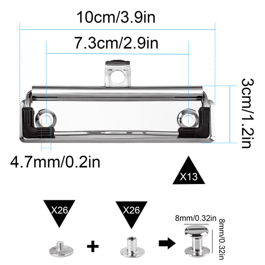 Clip for Clipboard 13PCS+52 Rivets DIY 10cm Mountable Heavy Duty Stainless Steel