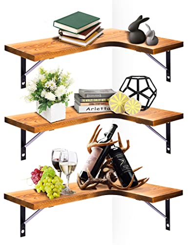 Set of 3 L-Shape Solid Wood Wall Floating Shelves Wall-Mounted 3-Tire (Pine)
