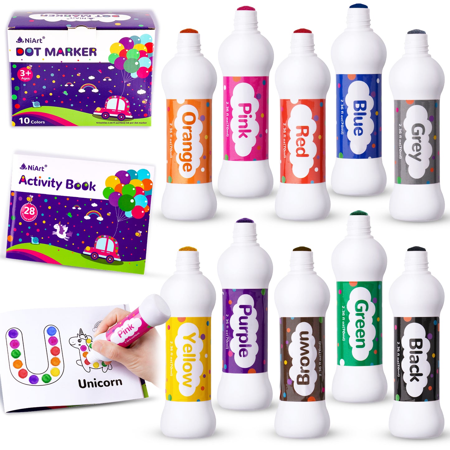 Dot Marker Set, 10 Colors Paint Marker (70 ml/2.36 oz) + 28 Pages Activity Boo