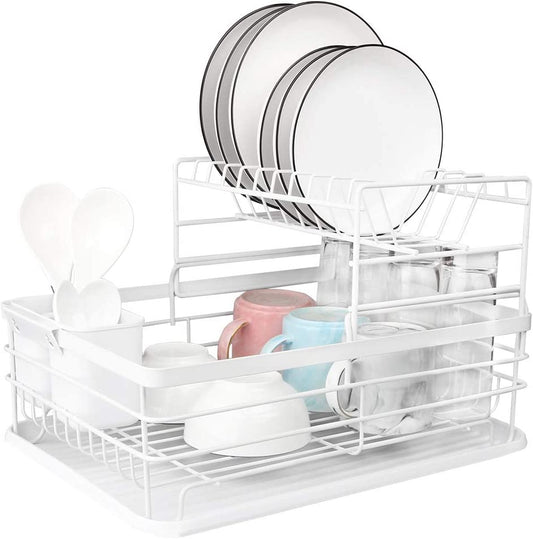 Dish Rack Utensil Holder 2-Tier Air Dry Drain Board Kitchen Plate Cup Dry Rack