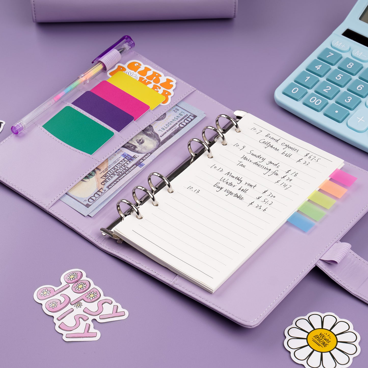 A6 PU Leather Magnetic Buckle Loose Leaf Budget Binder Set, Budget Planner Org