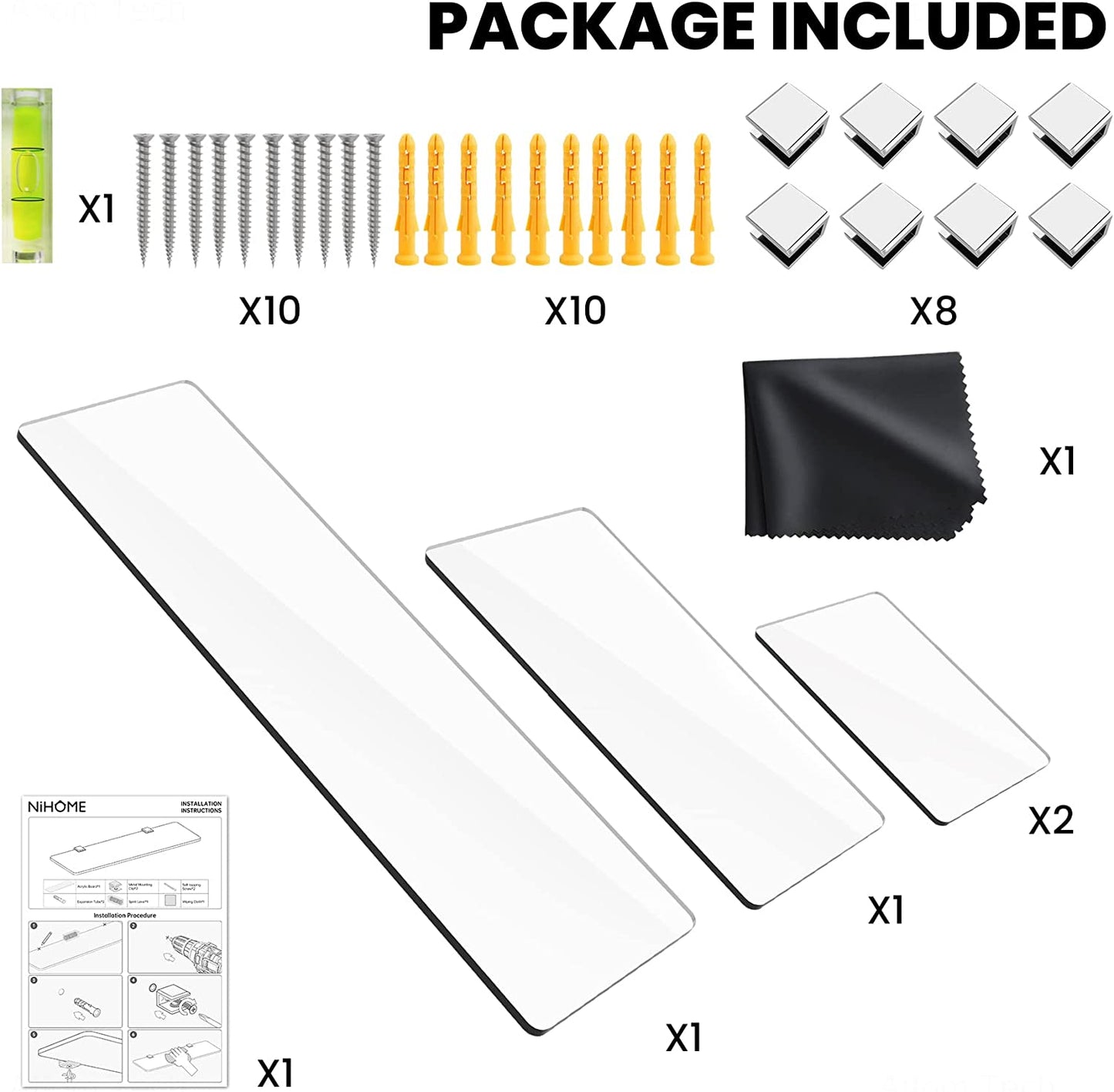 Floating Shelf 4PCS Acrylic Transparent Wall-Mount 0.2" Thick Invisible Display