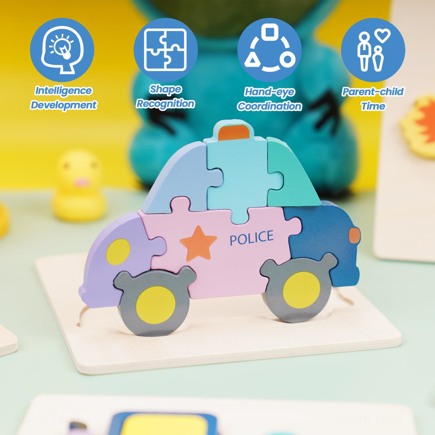 Wooden Jigsaw Puzzles for Kids, 5 Pack Vehicle Shapes Montessori Building