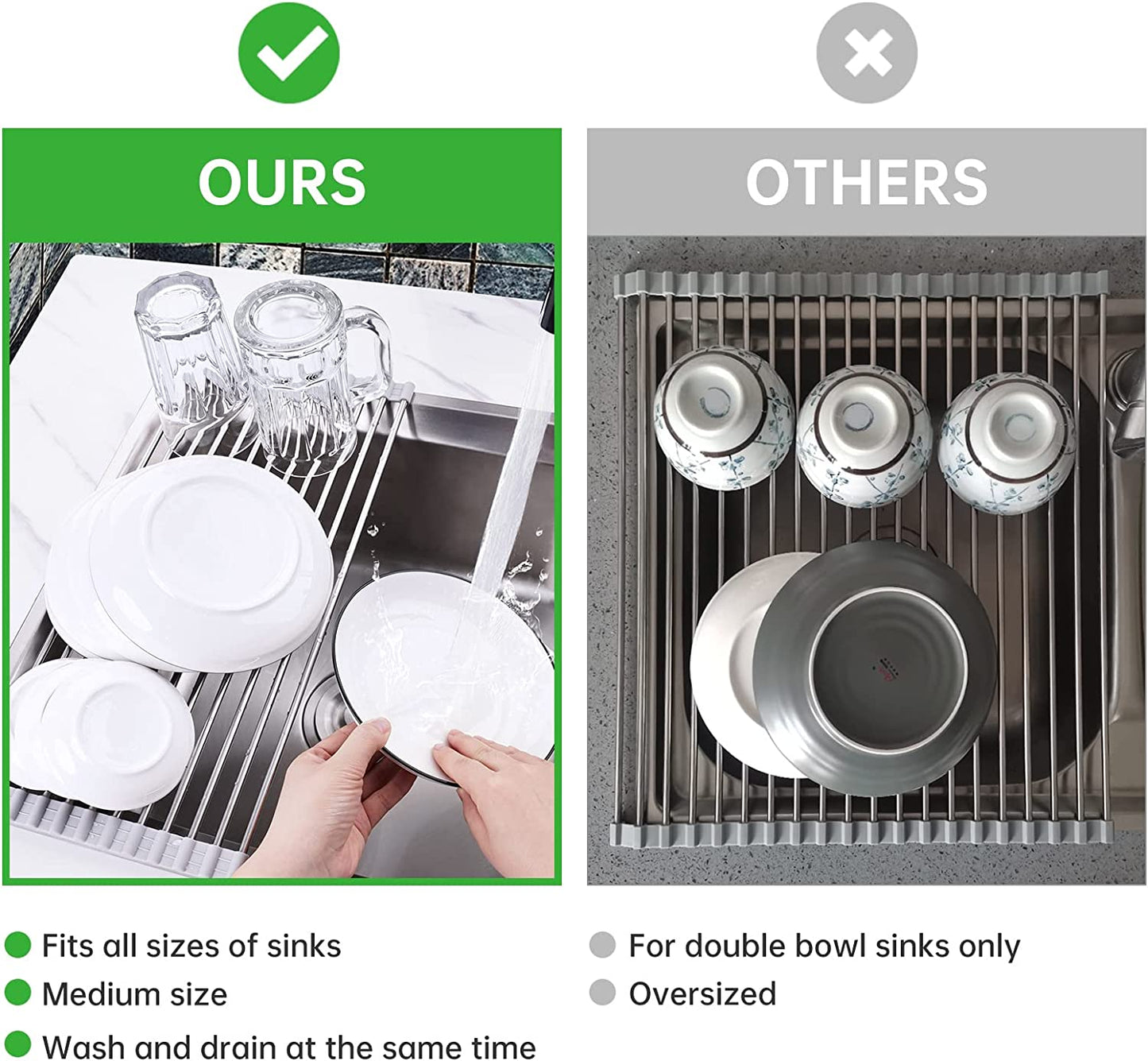 Roll Up Over Sink Dish Drying Rack17.8"x8.3" Foldable Home Kitchen Drainer, Grey