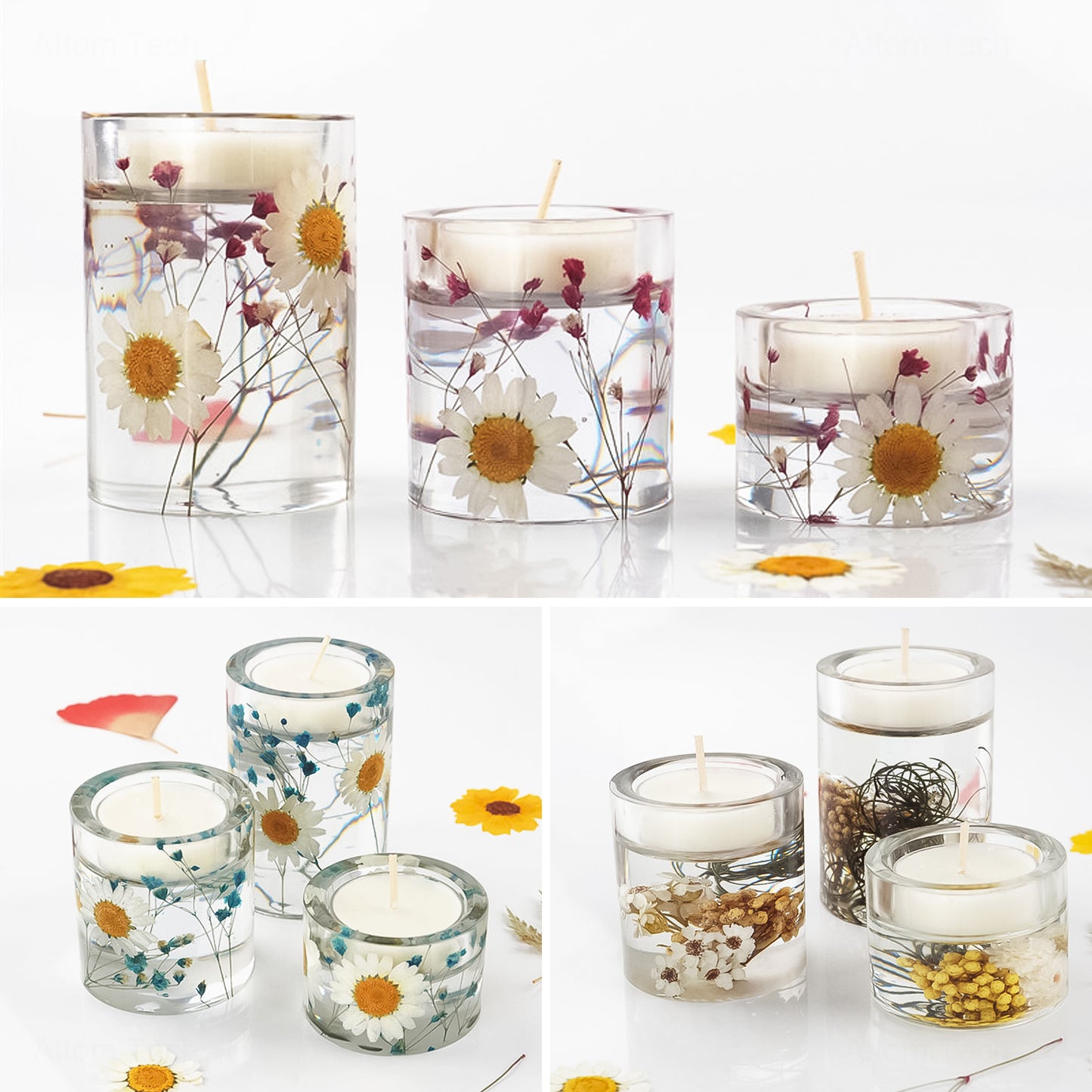 3PCS Cylinder Candle Holder Epoxy Resin Casting Silicone Mold Kit+10PCS Tealig