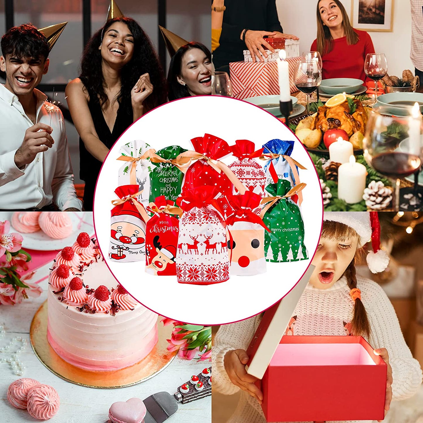 Christmas Candy Bag 50PCS 10 Designs 5.9x9 Candy Goodies Plastic Drawstring Gift