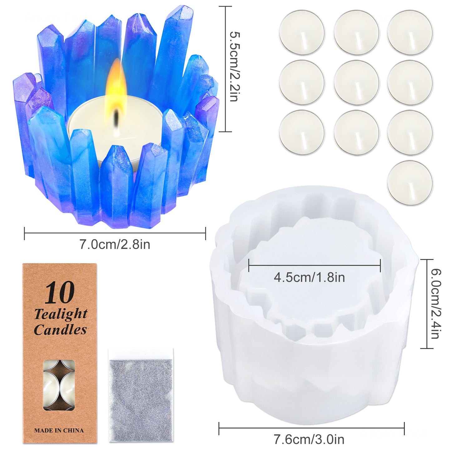 Crystal Shape Candle Holder Resin Silicone Mold+10 White Tealight Candles+Glit
