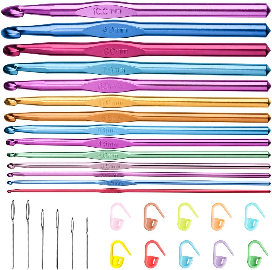 14 Sizes Crochet Hooks Set Multi-Color Metallic Plated Aluminum Knitting Needles