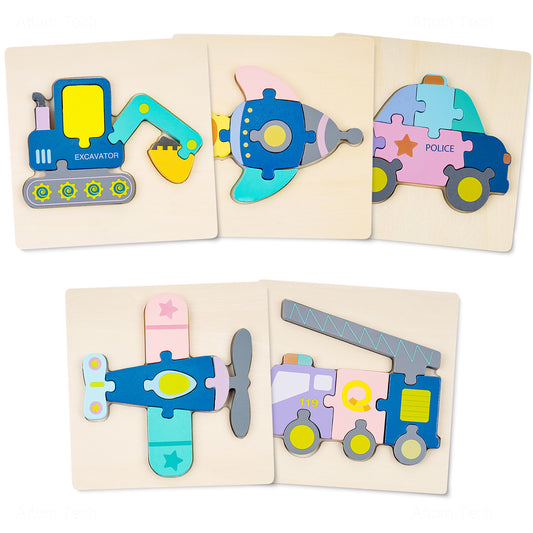 Wooden Jigsaw Puzzles for Kids, 5 Pack Vehicle Shapes Montessori Building