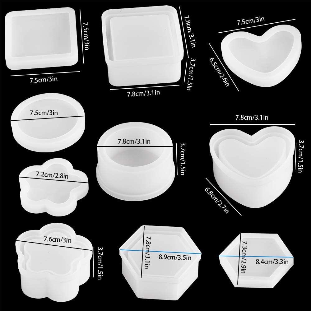 Silicone Resin Mold 5 Shapes Containers with Lid Jewelry Container Box Coasters