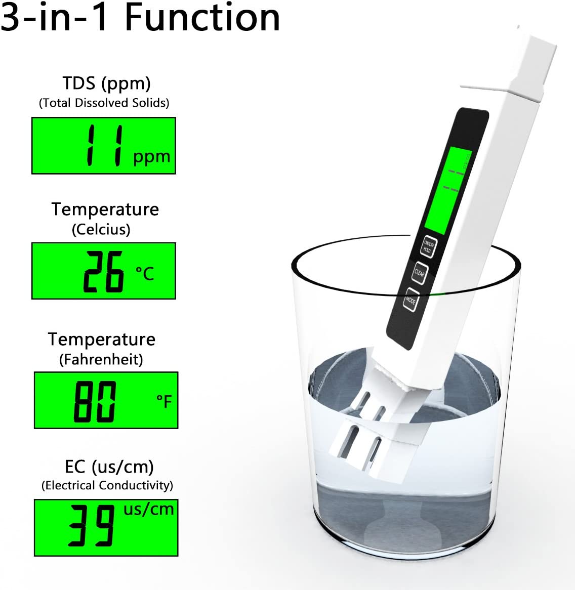 Water Quality Tester Kit, 3-in-1 TDS Meter, EC,Temperature Meter with LCD Back