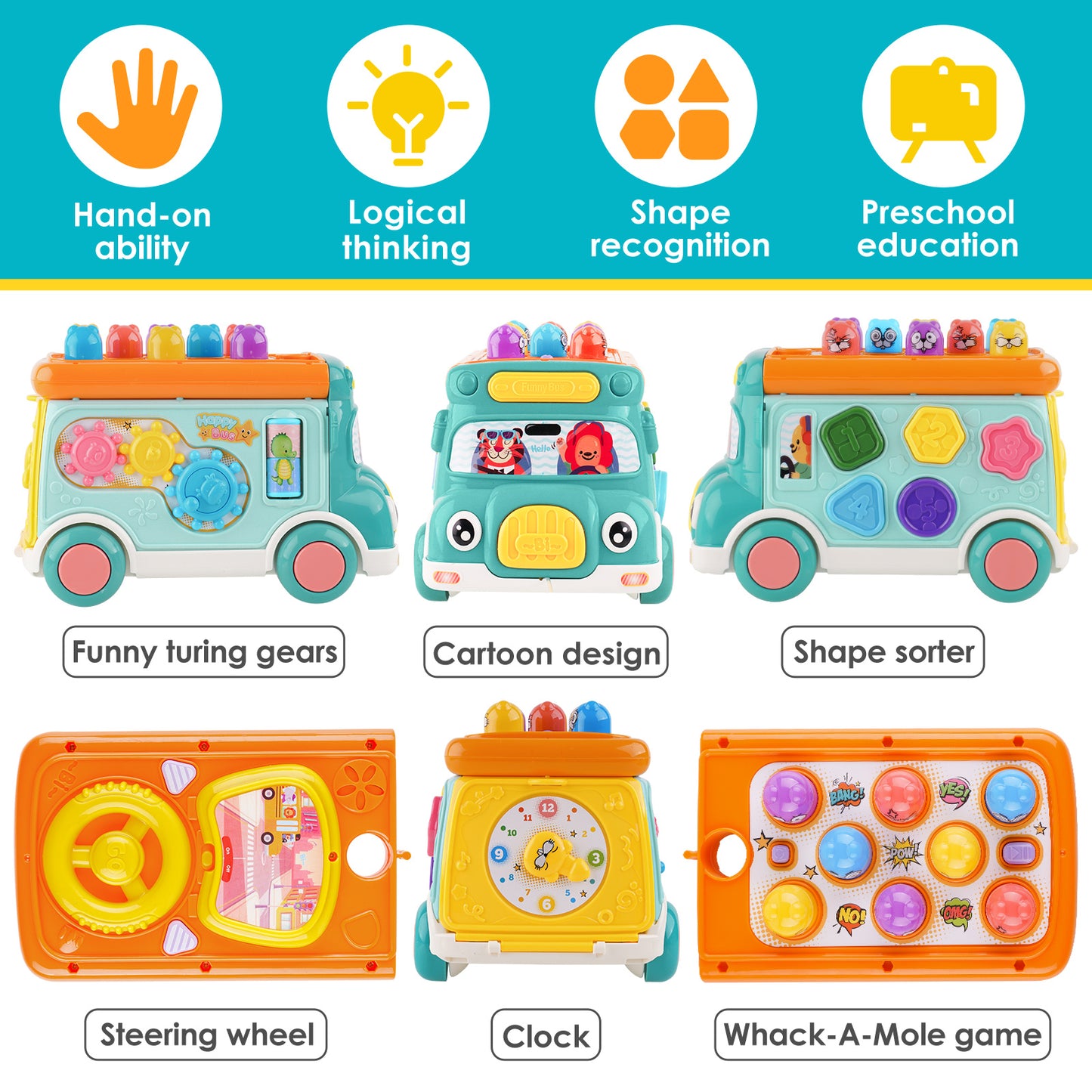 Pull Bus Toy with Lights & Sound, Musical Learning Toys for Toddlers 3+