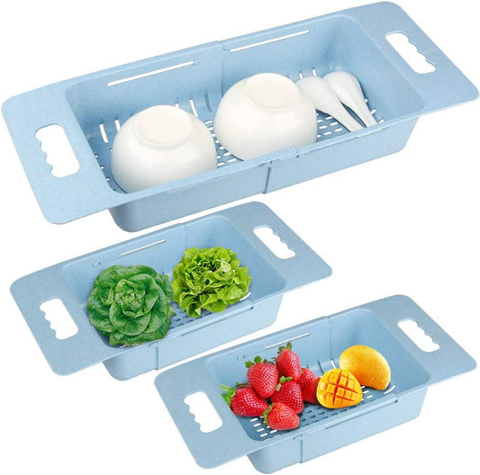 Sink Colander 3PC Multifunctional Extendable Over Sink Dish Drying Rack Strainer