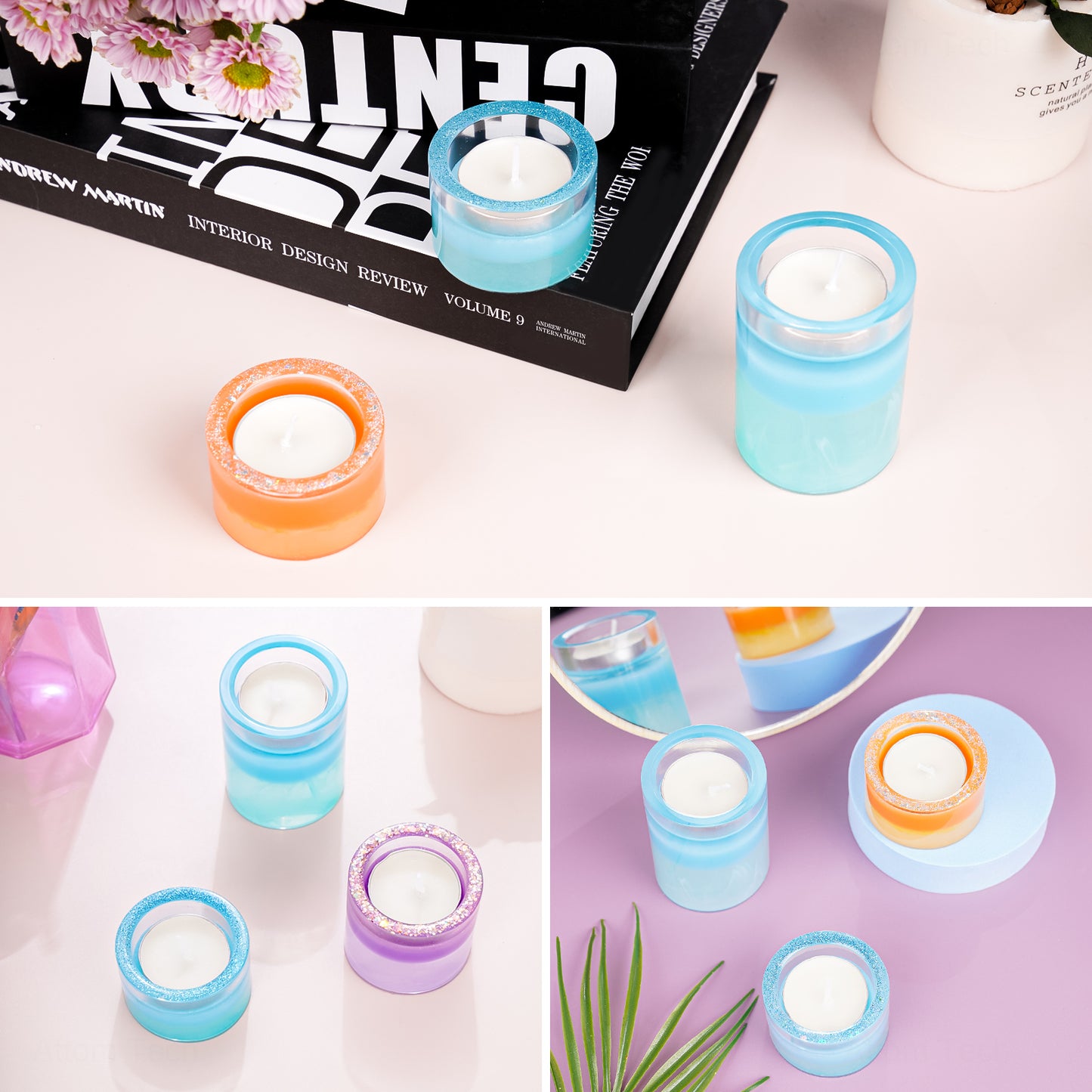 3PCS Cylinder Candle Holder Epoxy Resin Casting Silicone Mold Kit+10PCS Tealig