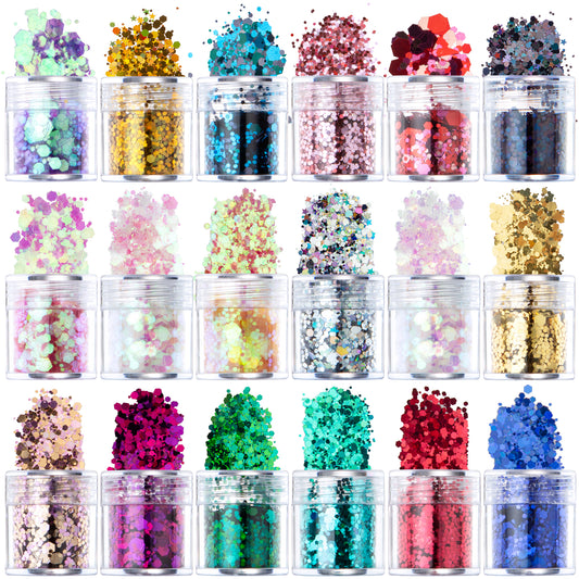 Aphlos Nail Art 18 Assorted Colors Holographic Glitters Different Size of Star A
