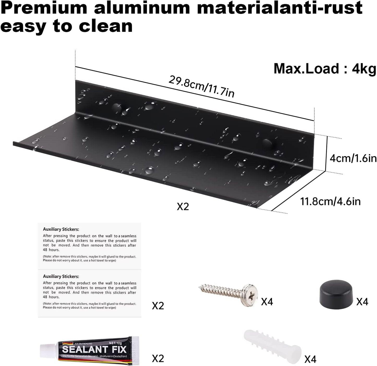 Aluminum Wall Mounted Home Floating Shelf Set 2PCS with Picture Ledge 11.7x4.6