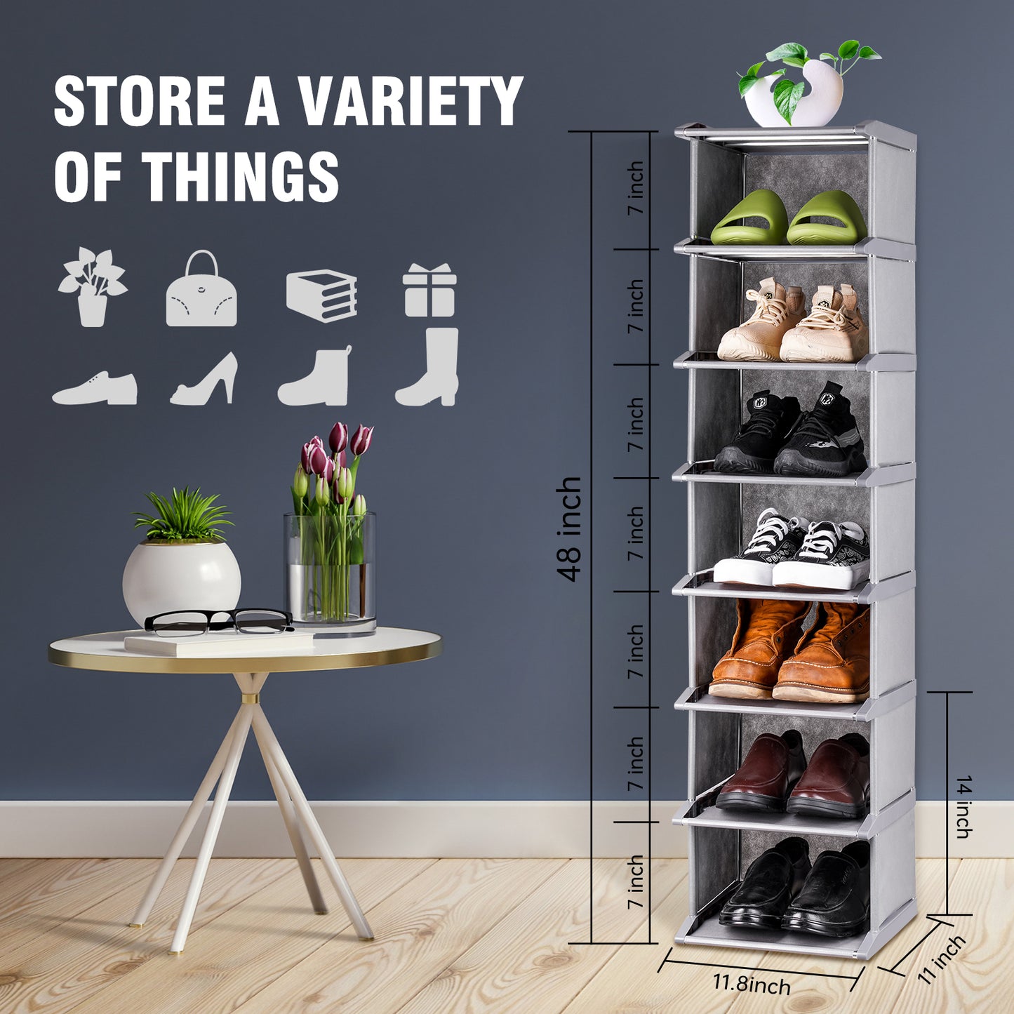 8-Tier Shoe Rack Tall Narrow 12"x11"x48" Lightweight Space-Saving Shelf Storage